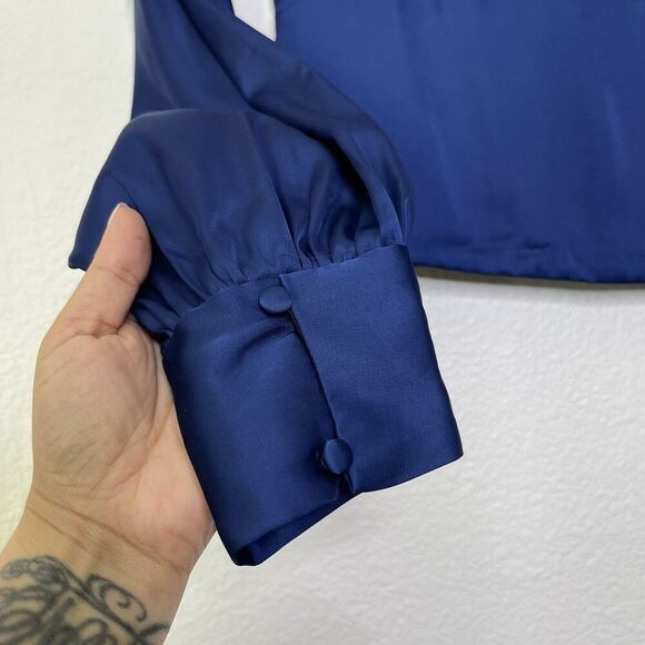 NEW Abercrombie & Fitch Top XS Blue Satin Crop V Neck Puff Long Sleeve Smocked - Picture 4 of 10